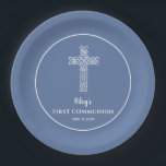 Cross | Blue Gray Communion Baptism Christening Paper Plates<br><div class="desc">Paper plates with an open weave white cross on an elegant blue gray background - you can CHANGE TO ANY COLOR - is ideal for your child's First Communion, Christening, Baptism, Confirmation or Dedication party or reception. Can be personalize with your child's name and the event details. Available in 2...</div>