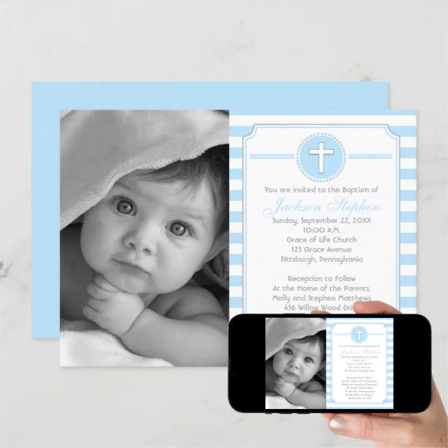 Cross Blue Stripes Boy Photo Baptism Invitation | Zazzle