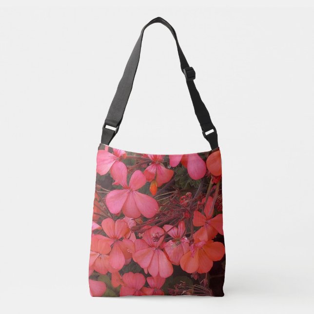 Cross-body bag with red small flowers and saying (Front)