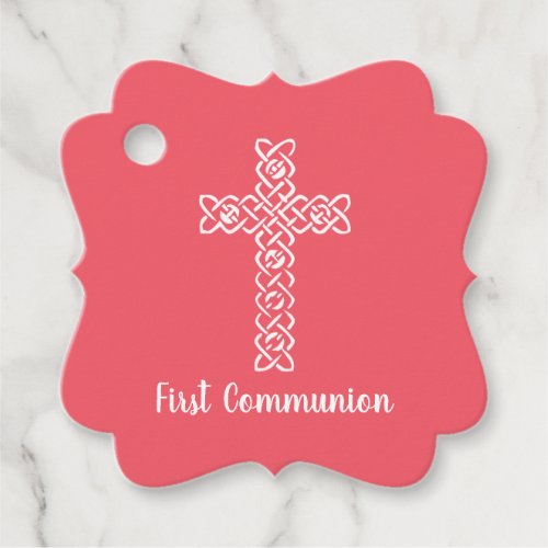 Cross  Bright Coral Communion Baptism Christening Favor Tags
