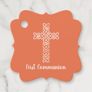 Cross   Bright Peach Communion Baptism Christening Favor Tags
