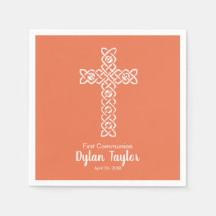 Cross Bright Peach Communion Baptism Christening Napkins
