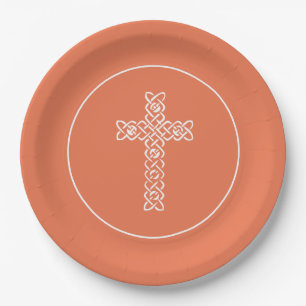 Cross Bright Peach Communion Baptism Christening Paper Plates