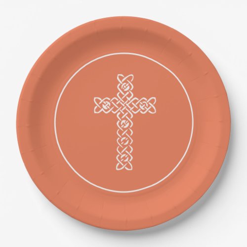 Cross  Bright Peach Communion Baptism Christening Paper Plates