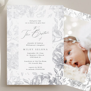 Cross Calligraphy Floral Silver Baptism Photo Foil Invitation