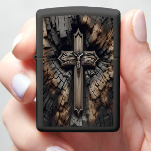 Cross Carved in Burnt Wood Texture Zippo Lighter