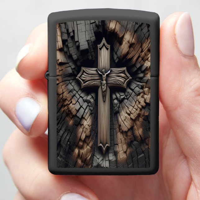 Cross Carved in Burnt Wood Texture Zippo Lighter (In Hand)
