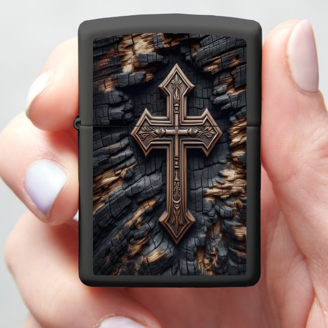 Cross Carved Into Burnt Wood Background Zippo Lighter (In Hand)