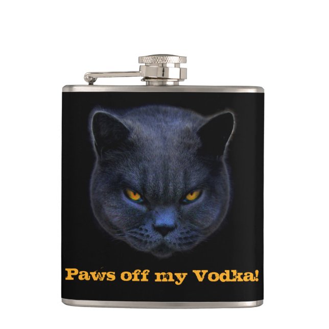 Cross Cat says Paws off my Vodka! Hip Flask (Front)