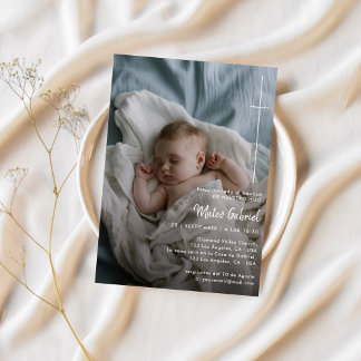 Cross Catholic Baptism Calligraphy Bautizo Photo Invitation