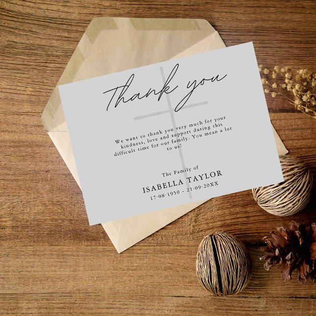 Cross Catholic  Funeral Memorial Gray Thank You Card (Creator Uploaded)