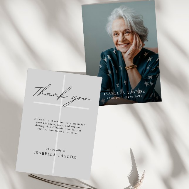 Cross Catholic Memorial Photo Gray Thank You Card (Creator Uploaded)
