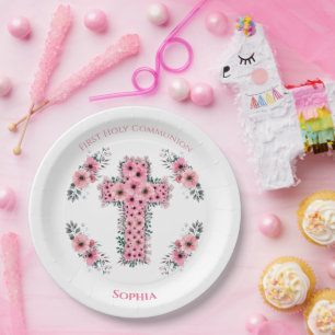 Cross Chic First Holy Communion Girl Pink Flower Paper Plates