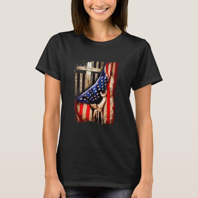 Cross Christ American Flag Pride Hand Christian Lo T-Shirt (Front)