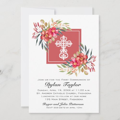 Cross  Coral Floral First Communion Invitations