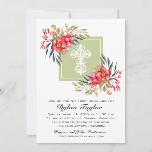 Cross  Coral Floral First Communion Invitations