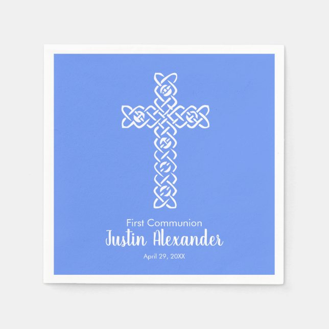 Cross | Cornflower Blue Communion Baptism Christen Napkins (Front)