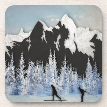 Cross Country Skiing Beverage Coaster by AmandaRoyale at Zazzle