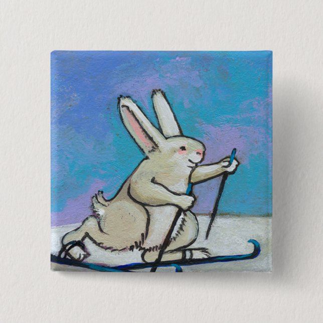 Cross Country Skiing rabbit fun cute winter art Button (Front)