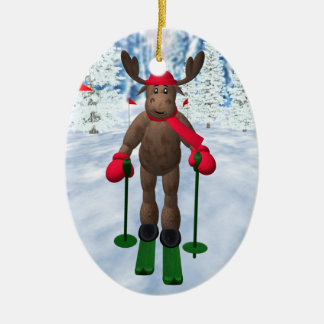 Cross-Country Skiing Whimsical Reindeer Ceramic Ornament
