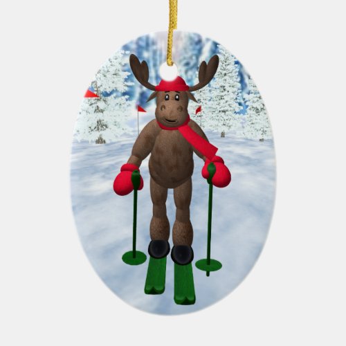 Cross_Country Skiing Whimsical Reindeer Ceramic Ornament