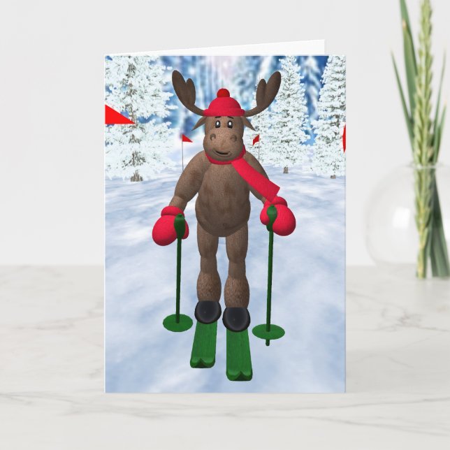 Cross-Country Skiing Whimsical Reindeer Holiday Card (Front)