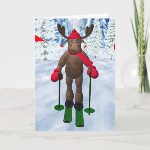 Cross_Country Skiing Whimsical Reindeer Holiday Card