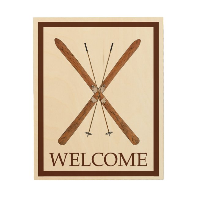 Cross-Country Skis And Poles - Welcome Wood Wall Decor (Front)