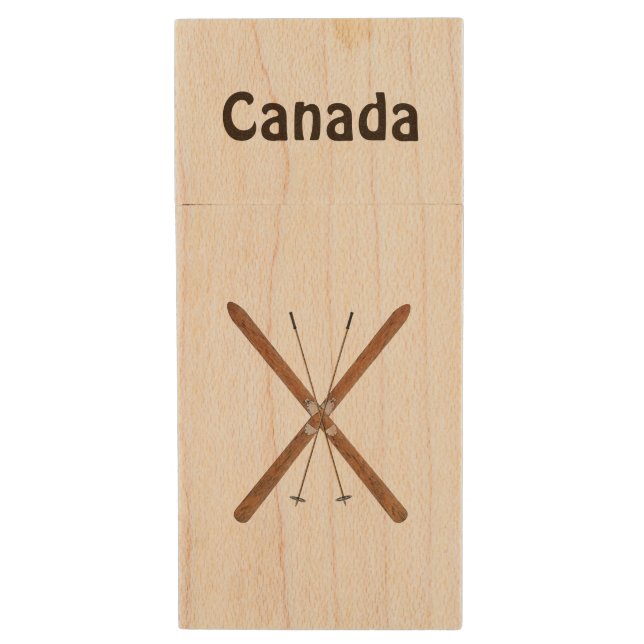 Cross-Country Skis And Poles Wood Flash Drive (Front Vertical)