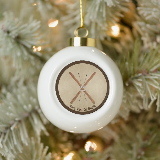 Cross-Country Skis On Old Paper Ceramic Ball Christmas Ornament (Tree)