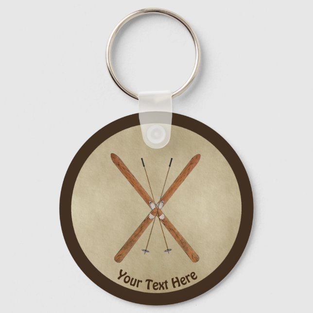 Cross-Country Skis On Old Paper Keychain (Front)