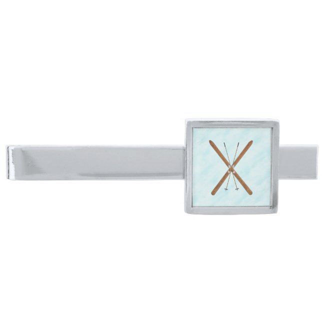 Cross-Country Skis On Snow Silver Finish Tie Bar (Front)