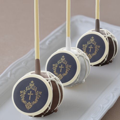 Cross Crest Navy Blue Faux Gold Baptism Communion Cake Pops