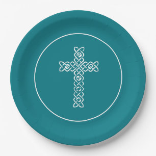 Cross Dark Teal Communion Baptism Christen Paper Plates