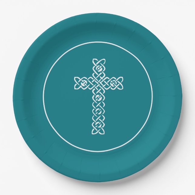 Cross Dark Teal Communion Baptism Christen Paper Plates (Front)