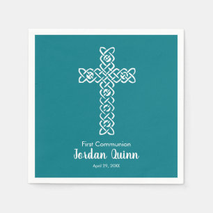 Cross   Dark Teal Communion Baptism Christening Napkins