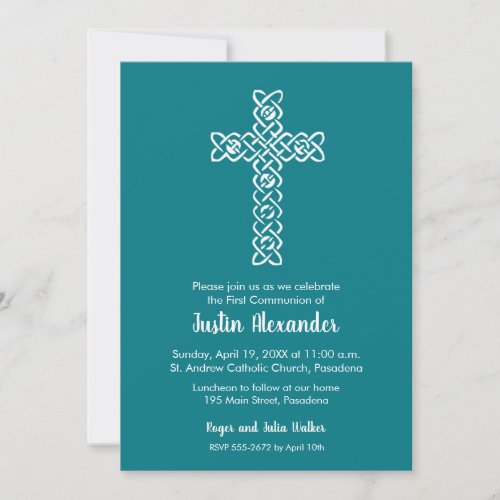 Cross Dark Teal First Baptism Christening Invite