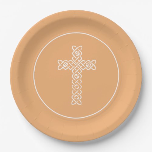 Cross  Deep Peach Communion Baptism Christening Paper Plates