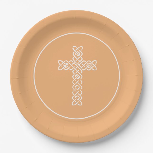 Cross | Deep Peach Communion Baptism Christening Paper Plates (Front)