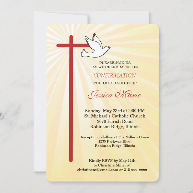 Cross Dove Rounded Gold Rays Daughter Confirmation Invitation (Front)
