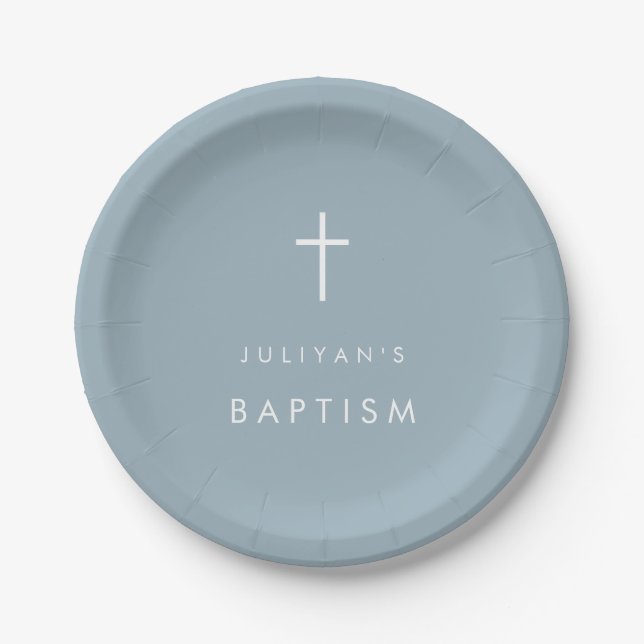 Cross dusty blue baby boy Baptism  Paper Plates (Front)