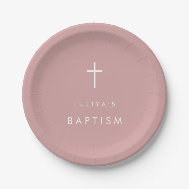 Cross dusty pink baby girl  Baptism  Paper Plates (Front)