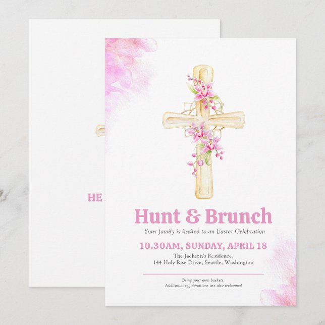 Cross Easter Hunt and Brunch Pink Floral orchid  Invitation (Front/Back)