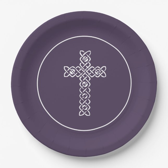 Cross Eggplant Communion Baptism Christening Paper Plates (Front)