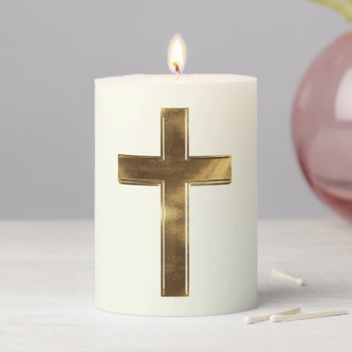 Cross Elegant Gold Look Pillar Candle