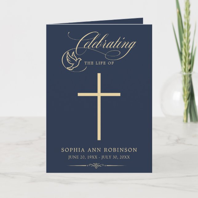 Cross Elegant Gold Script Blue Funeral Program (Front)