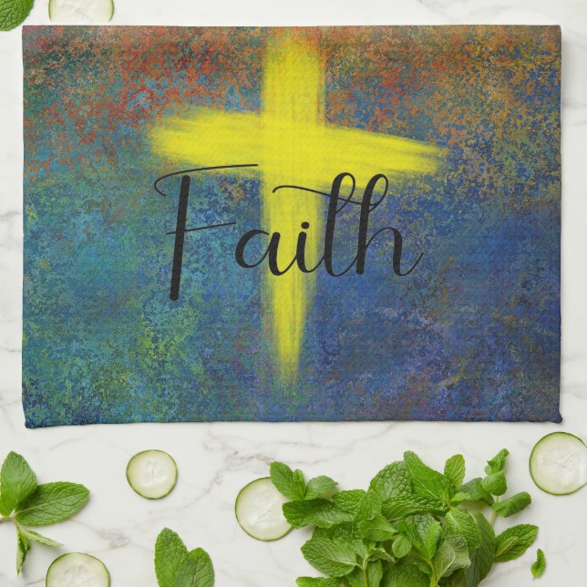Cross Faith Script Blue Purple Kitchen Towel (Folded)