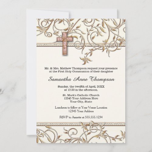 Cross First Communion Glam Elegant Gold Pink Jewel Invitation