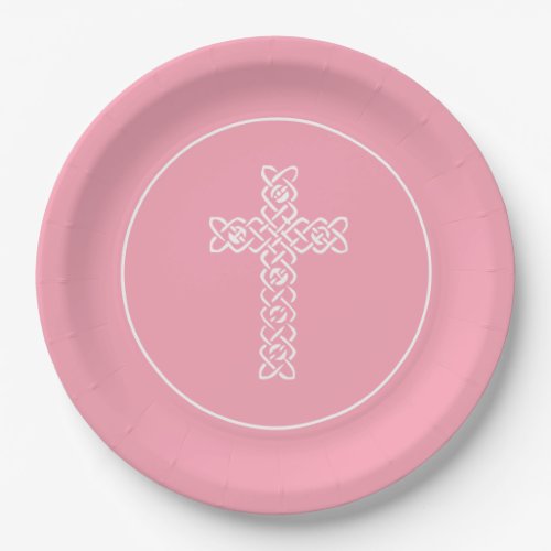 Cross Flamingo Pink Communion Baptism Christening Paper Plates