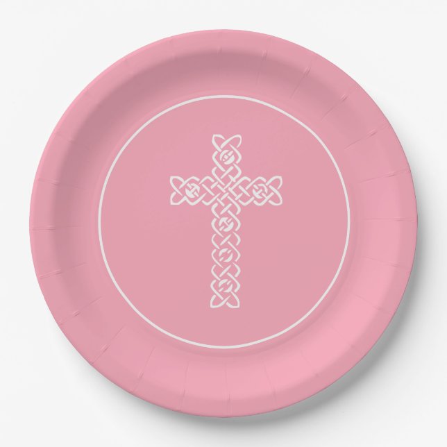 Cross Flamingo Pink Communion Baptism Christening Paper Plates (Front)